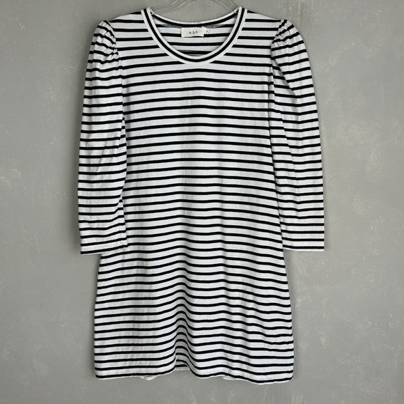 A.L.C size L Kidman mini shirt dress black white stripe 3/4 puff sleeve cotton - Picture 2 of 12